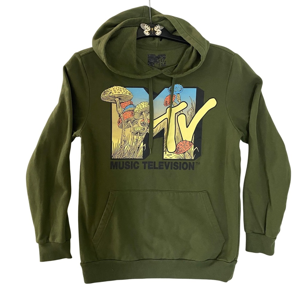 MTV Music Television‎ Mens Graphic Hoodie Green Mushroom Pullover Sweatshirt S